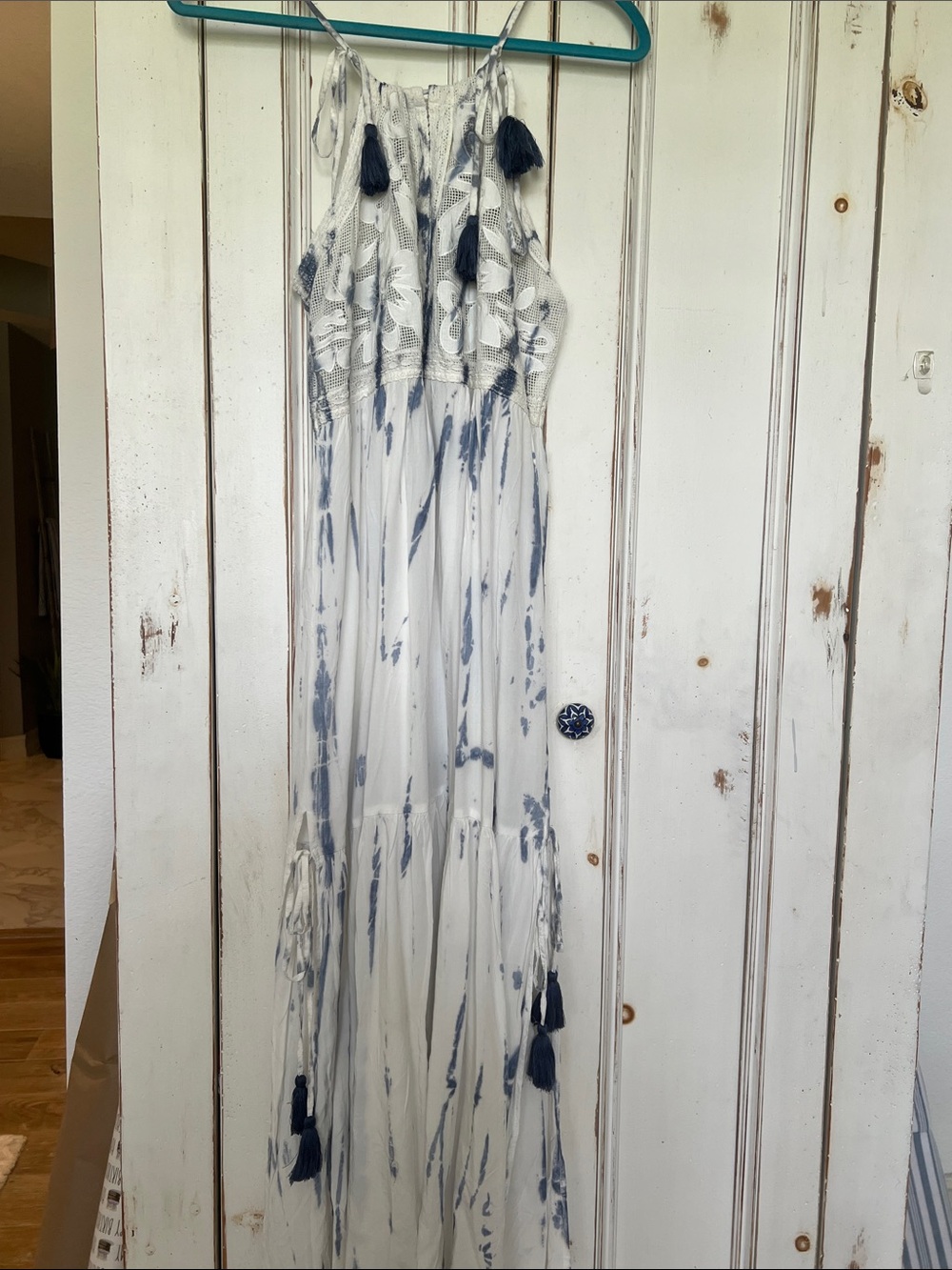 Bohemian White & Navy Tie-Dye Maxi Dress with Tassel Details